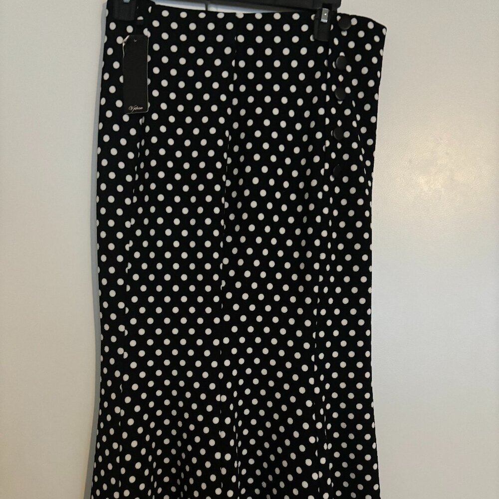 Black and White Polka Dot Midi Pencil Skirt with Lace at the Hem